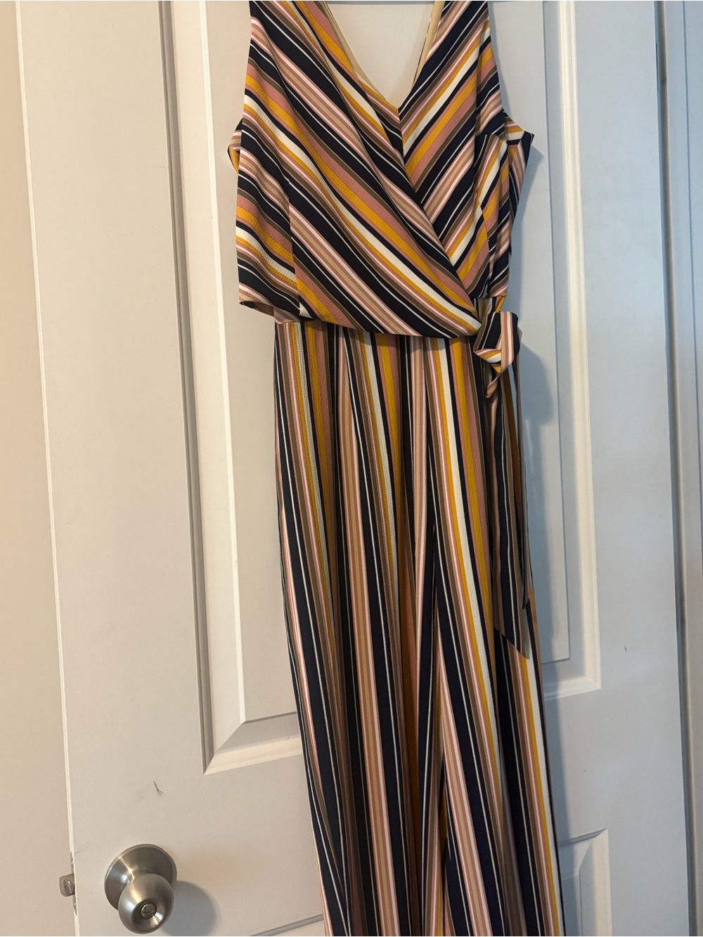 Speechless Striped V-Neck Wrap Jumpsuit in Mustard, Navy & Pink